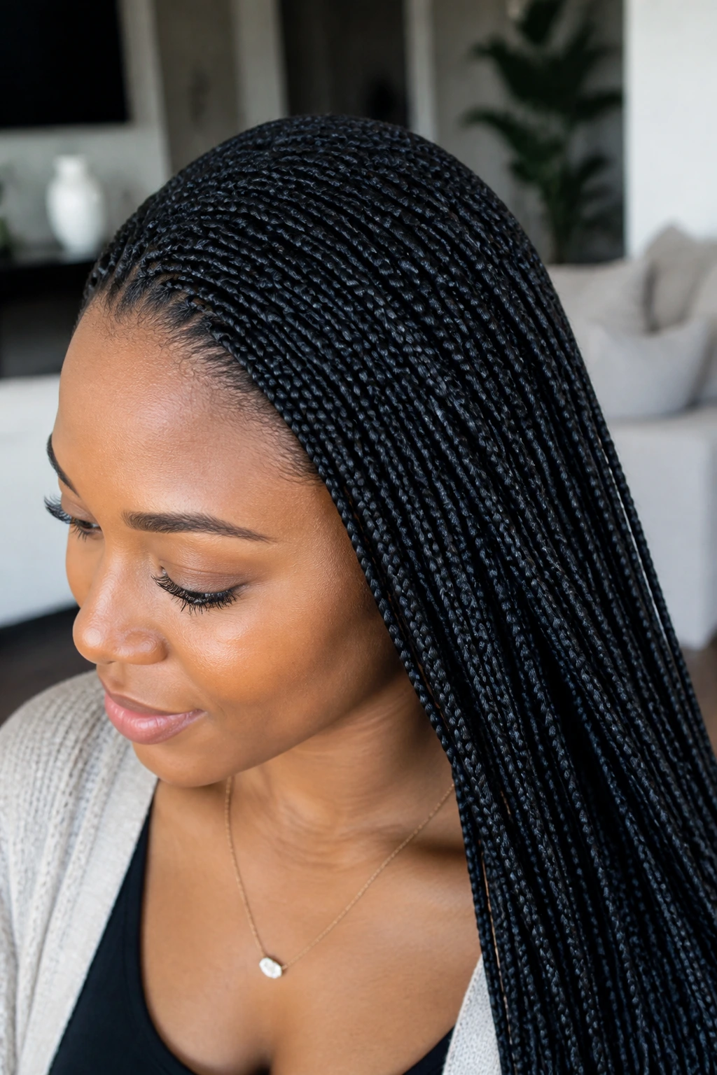 Close-up of a real woman with an invisible-part single-braid style