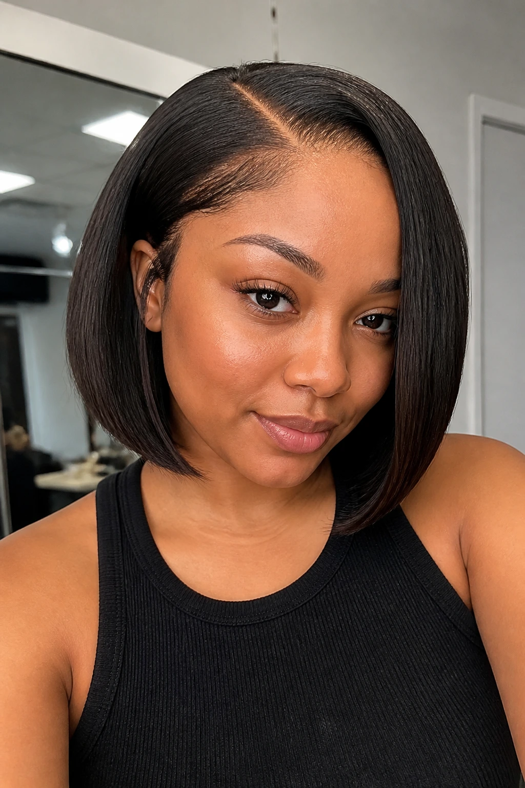 Close-up of a real woman with an invisible part crochet bob showing a sleek scalp line