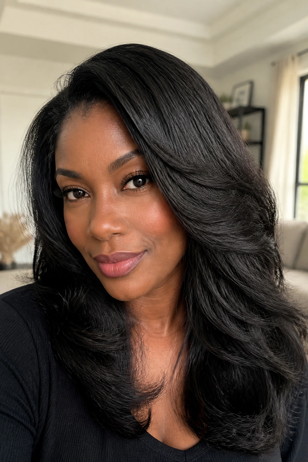 Close-up of a real woman with invisible part sew-in and feathered volume