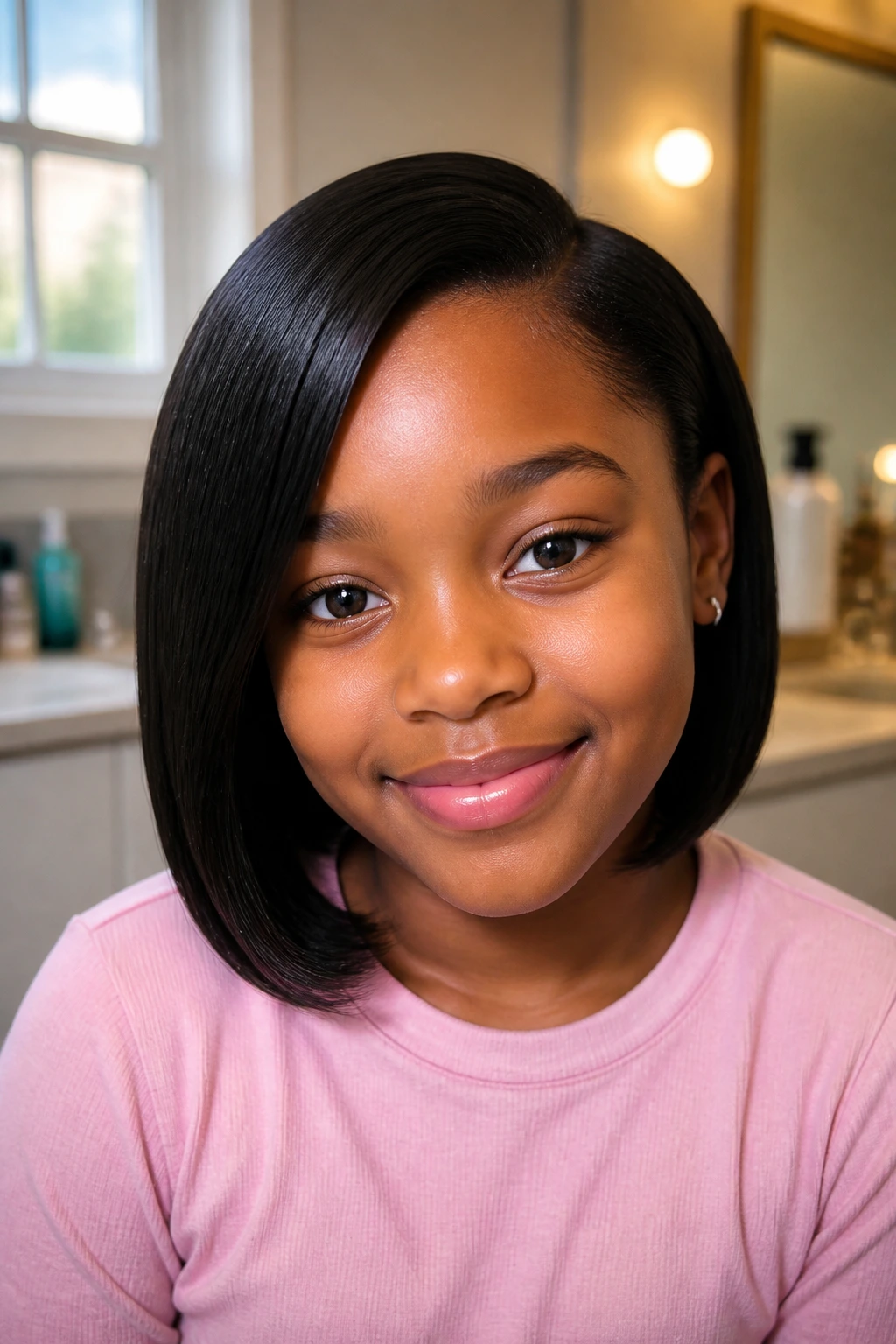 Close-up of a real child wearing an invisible-part sleek bob.