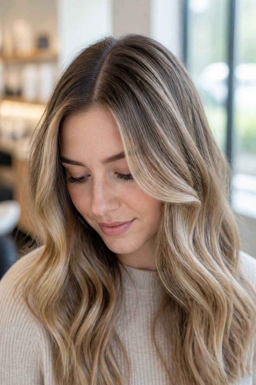 Close-up portrait of a real woman with creamy invisible roots blending into pale beige hair