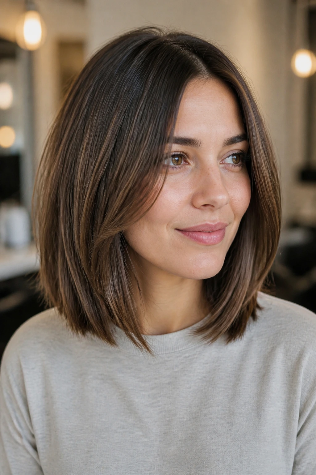 Close-up portrait of a woman with invisible texture midi cut and soft face-framing layers.