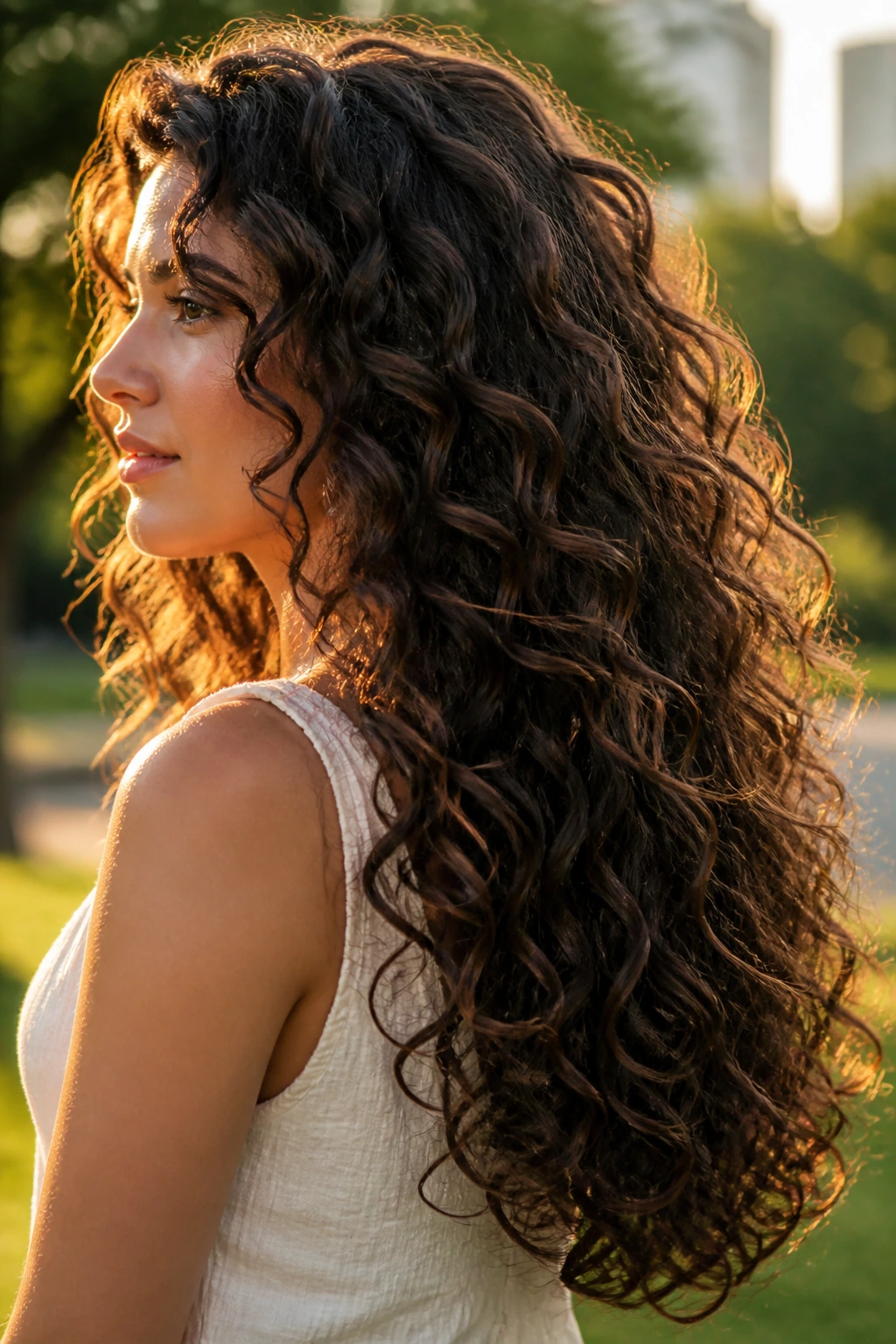 Side profile of a real woman with thick curls and lifted interior layers.