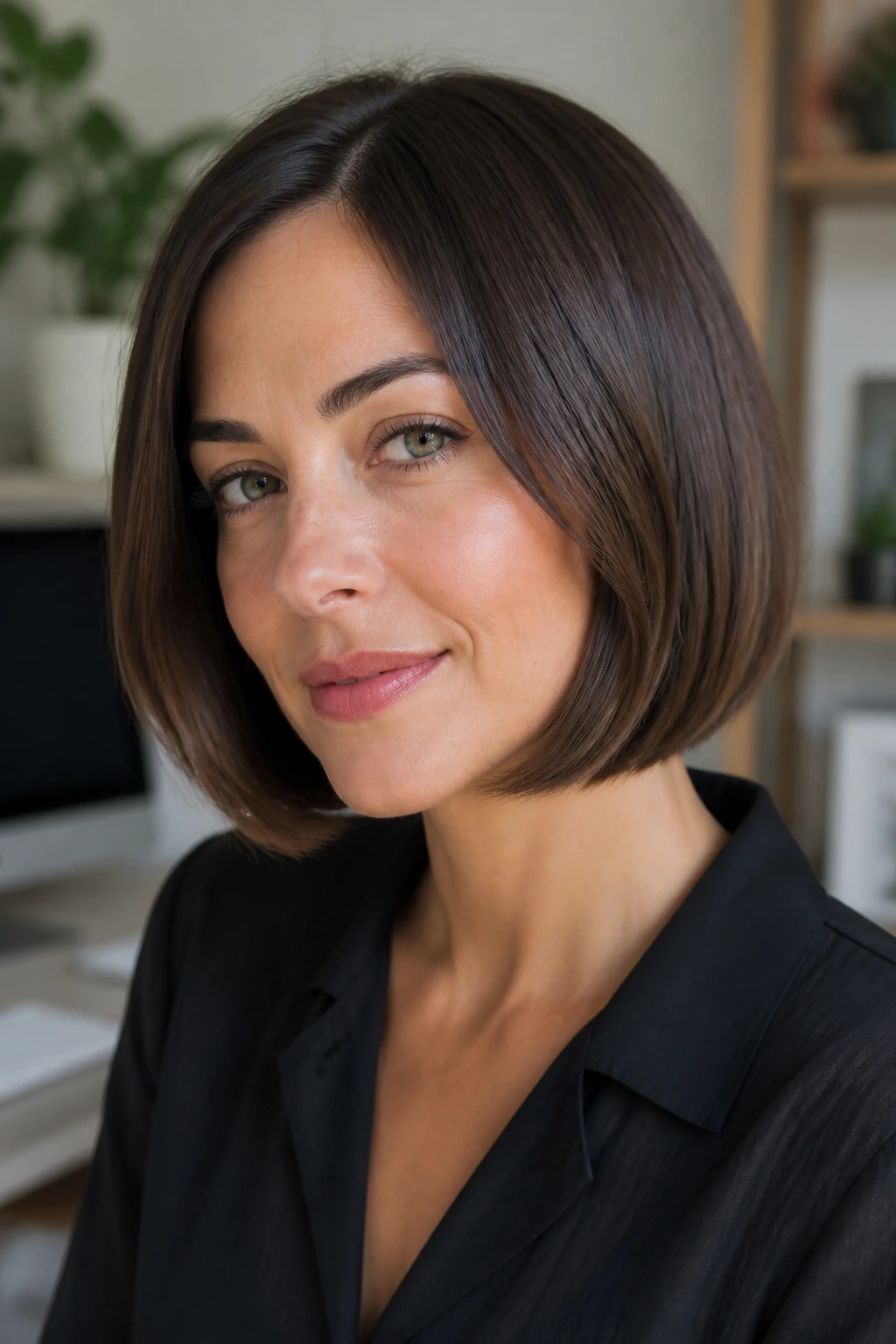 Close-up of a real woman with an inward-bent bob in soft daylight