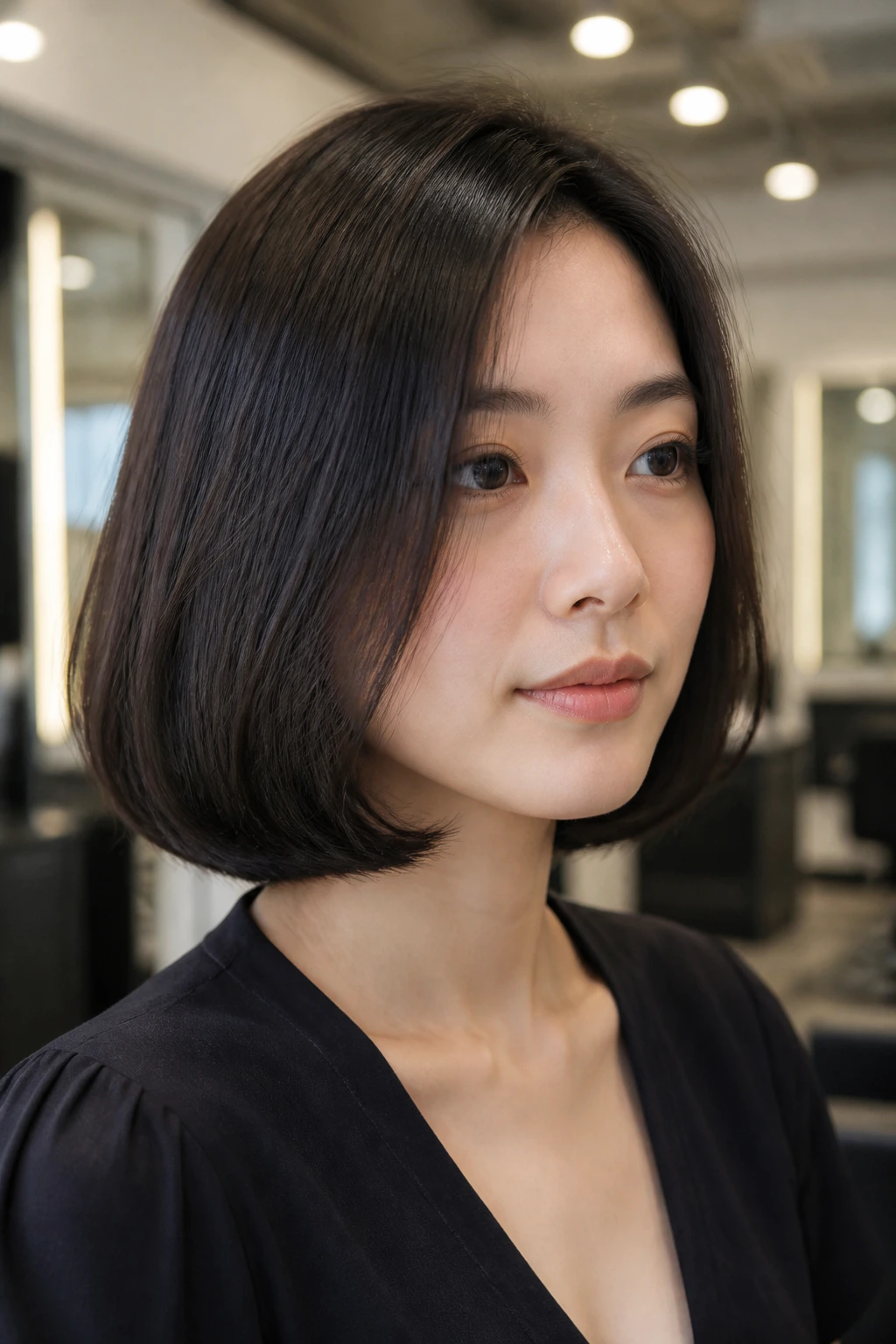 Portrait of a real woman with an inward-bent C-bob showing the bend
