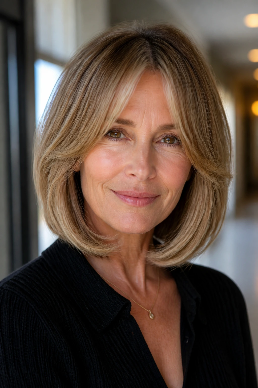 Real woman with inward-bent shoulder bob and glossy edges in warm hallway light