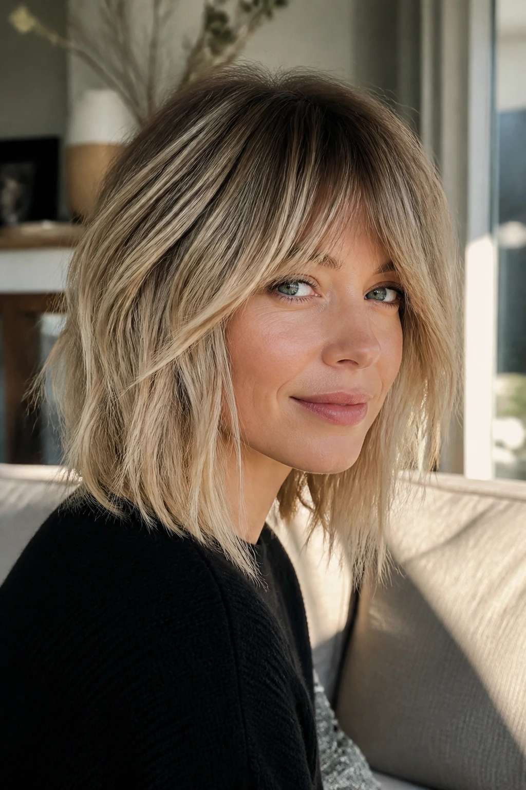 Close-up portrait of a real woman with Irish rooted shag lob in smoky beige blonde