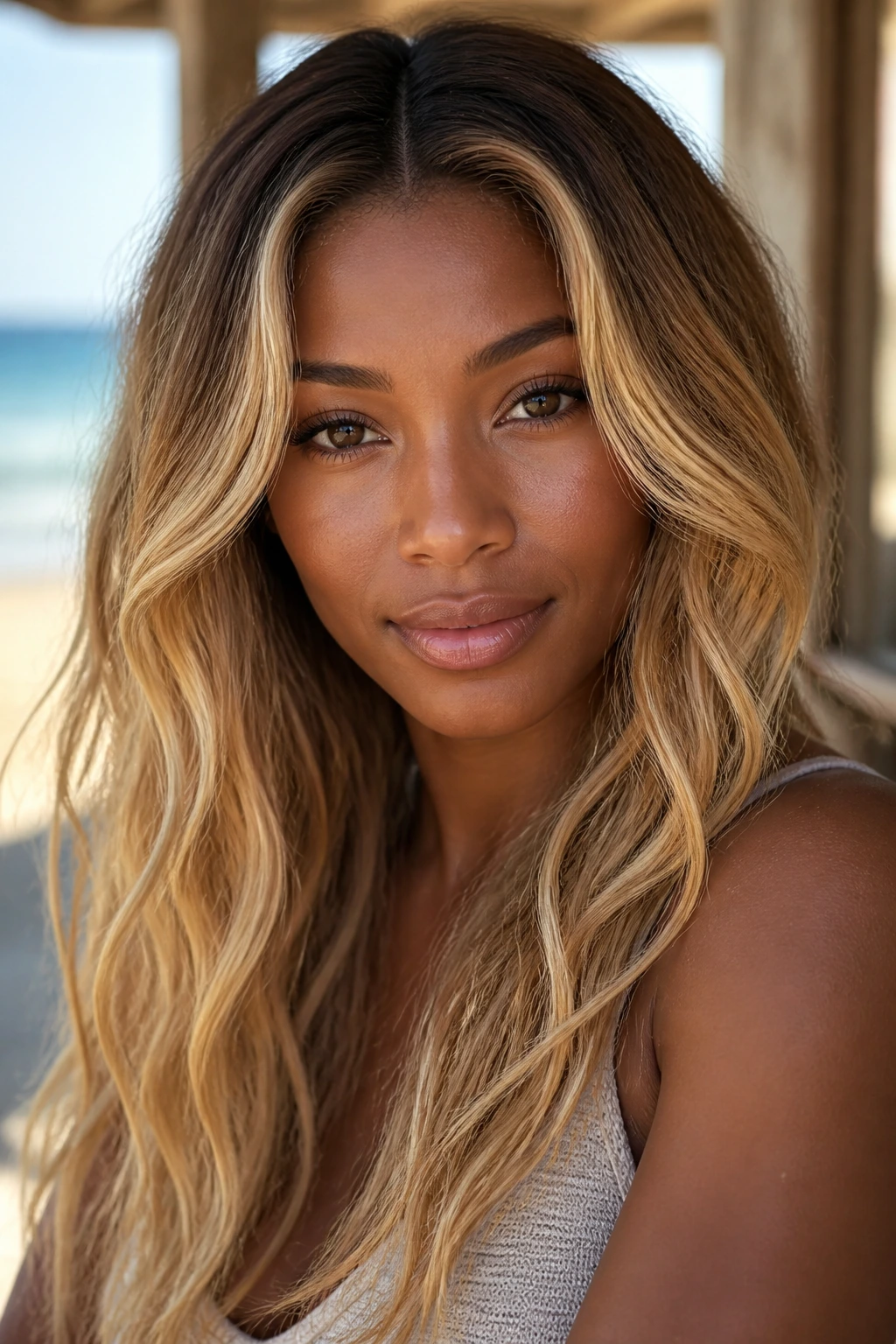 Close-up portrait of a real woman with island blonde hair and sun-kissed highlights