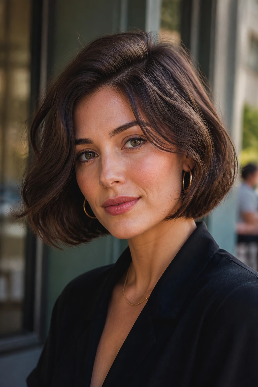 Portrait of a real woman with a rounded Italian bob in natural daylight