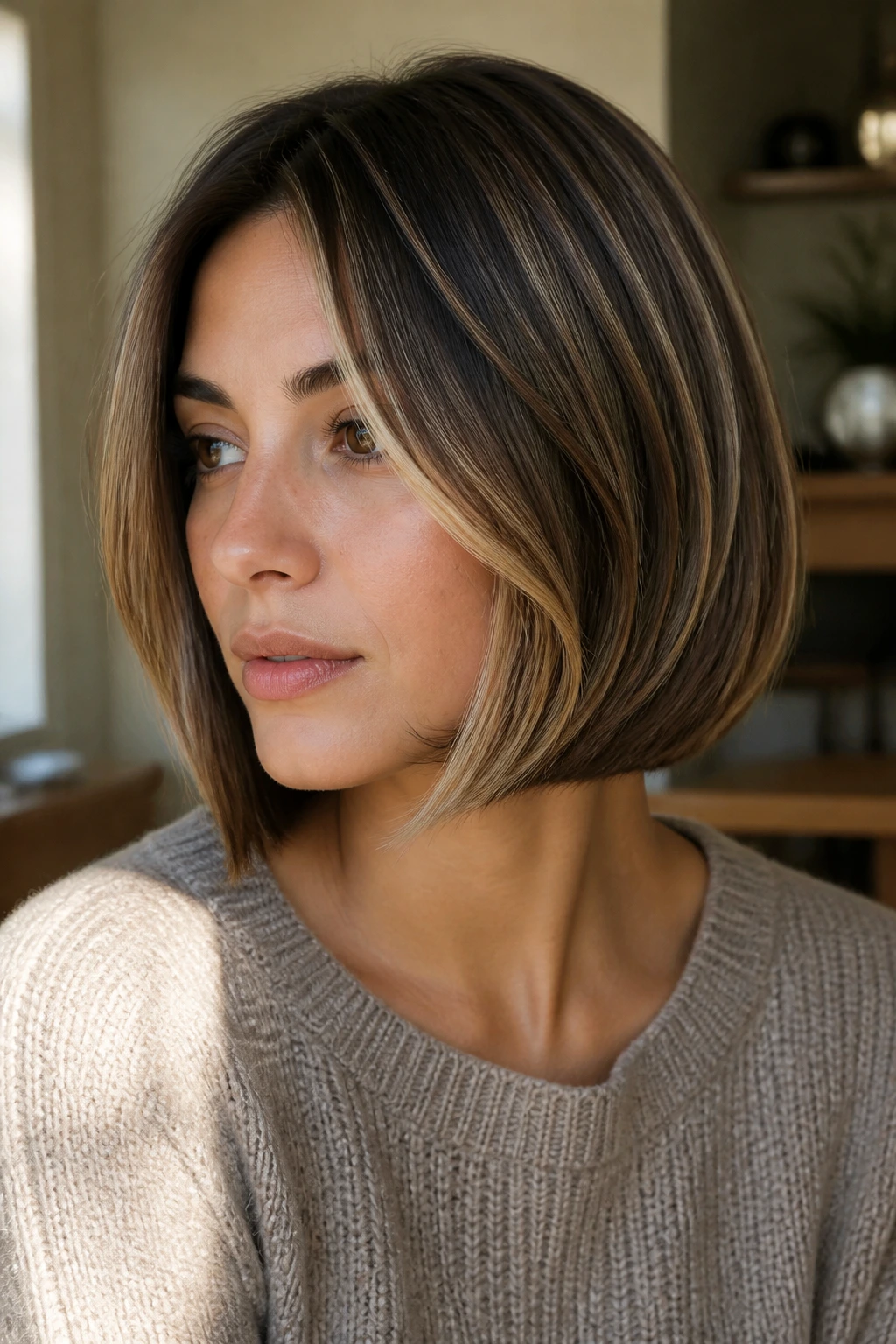 Close-up of a woman with a jaw-length Italian bob and warm wheat babylights.