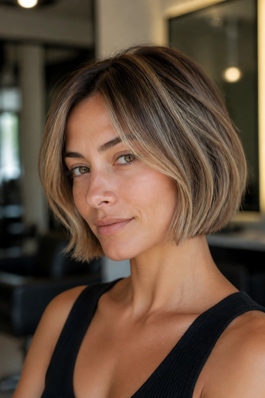 Portrait of a real woman with an Italian bob and beige babylights