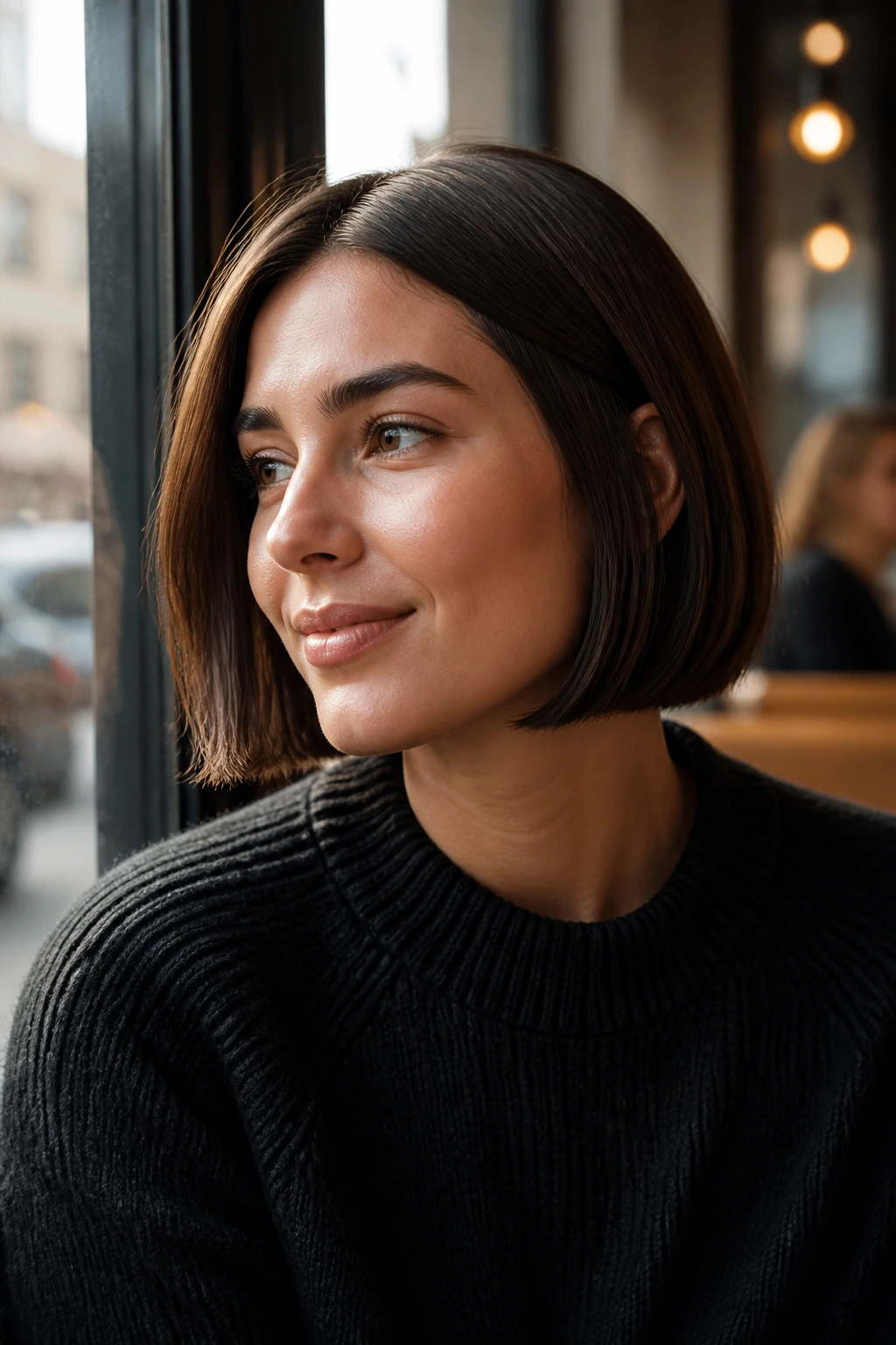 Portrait of a woman with a sleek bob in a cafe setting