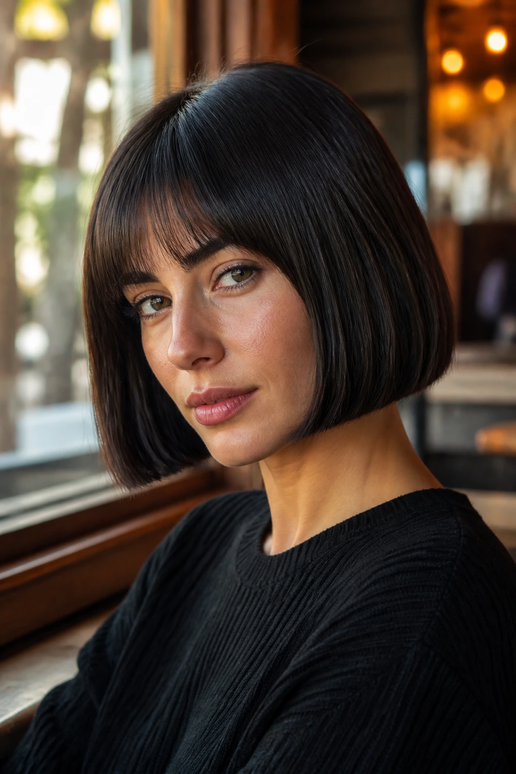Close-up of a woman with a blunt-edge Italian bob at the jawline in warm cafe light