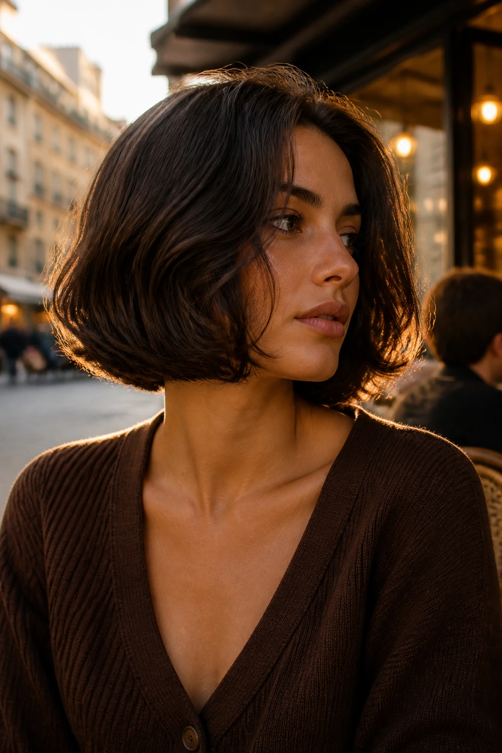 Close-up of a real woman with Italian bob and rounded ends in brunette under golden hour light