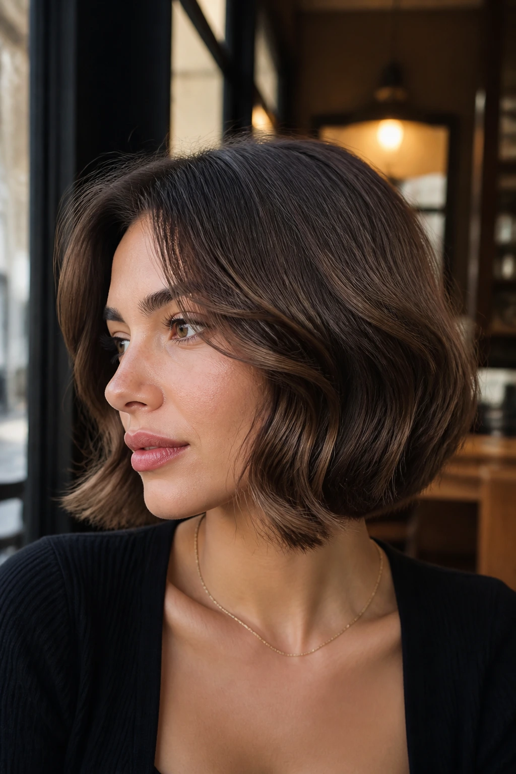 Real woman with Italian bob and brushed-out waves