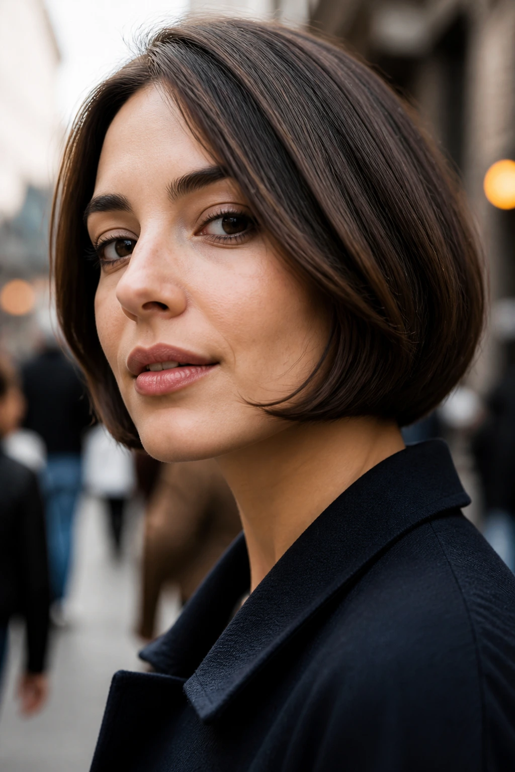 Real woman with Italian bob and a clean curved jawline in daylight