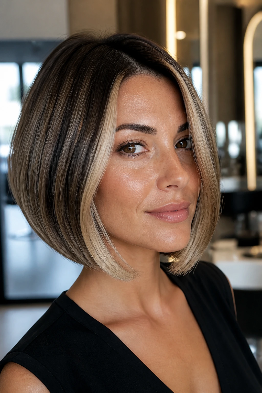 Close-up portrait of a real woman with Italian bob and creamy blonde front pieces