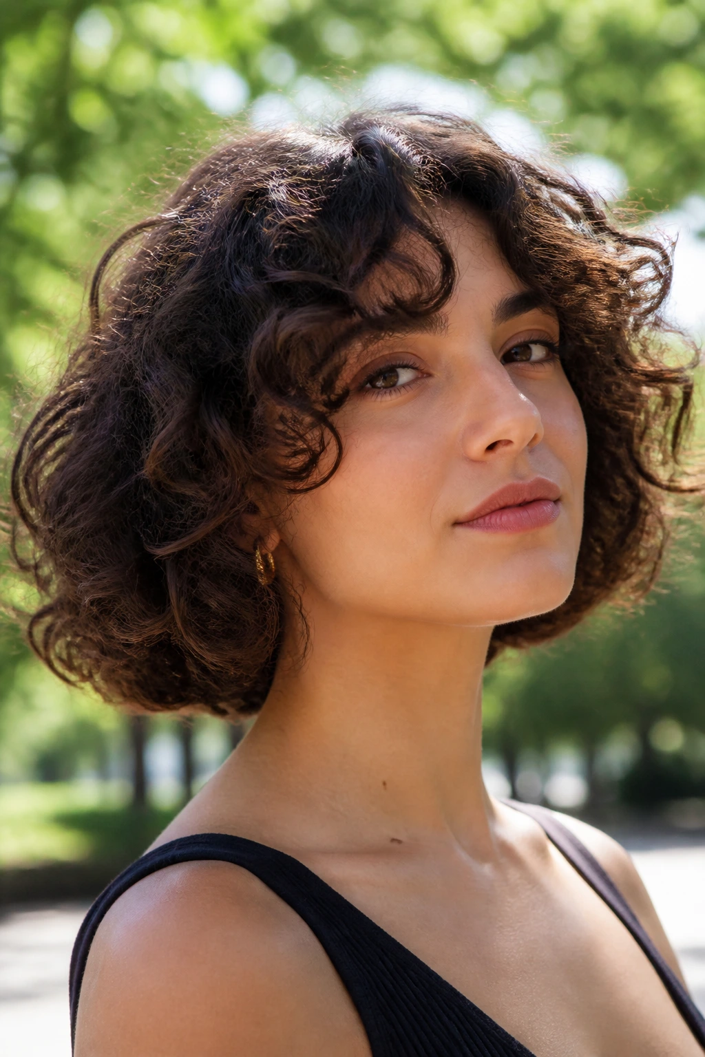 Close-up portrait of a real person with an Italian bob crop and curly curtain bangs.