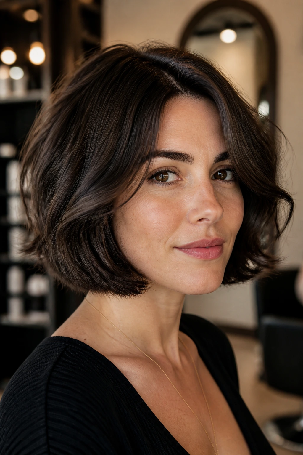 Real woman with curved-in Italian bob, hair curving inward