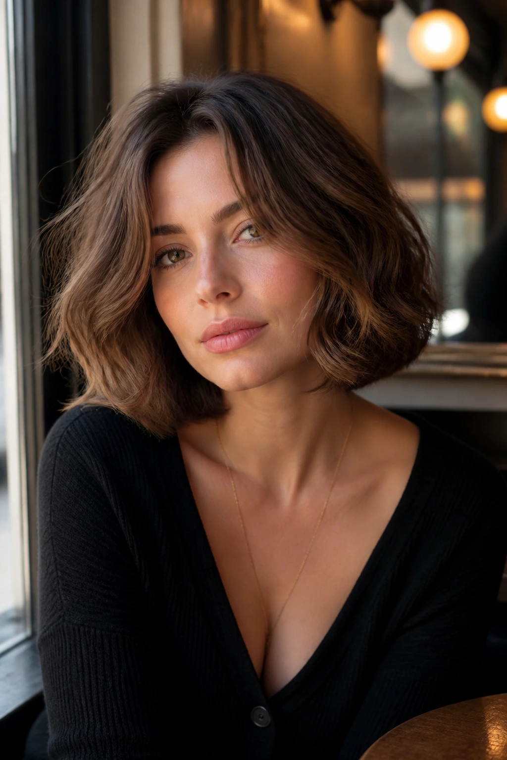 Portrait of a real woman with worn-in Italian bob and full ends in cafe lighting