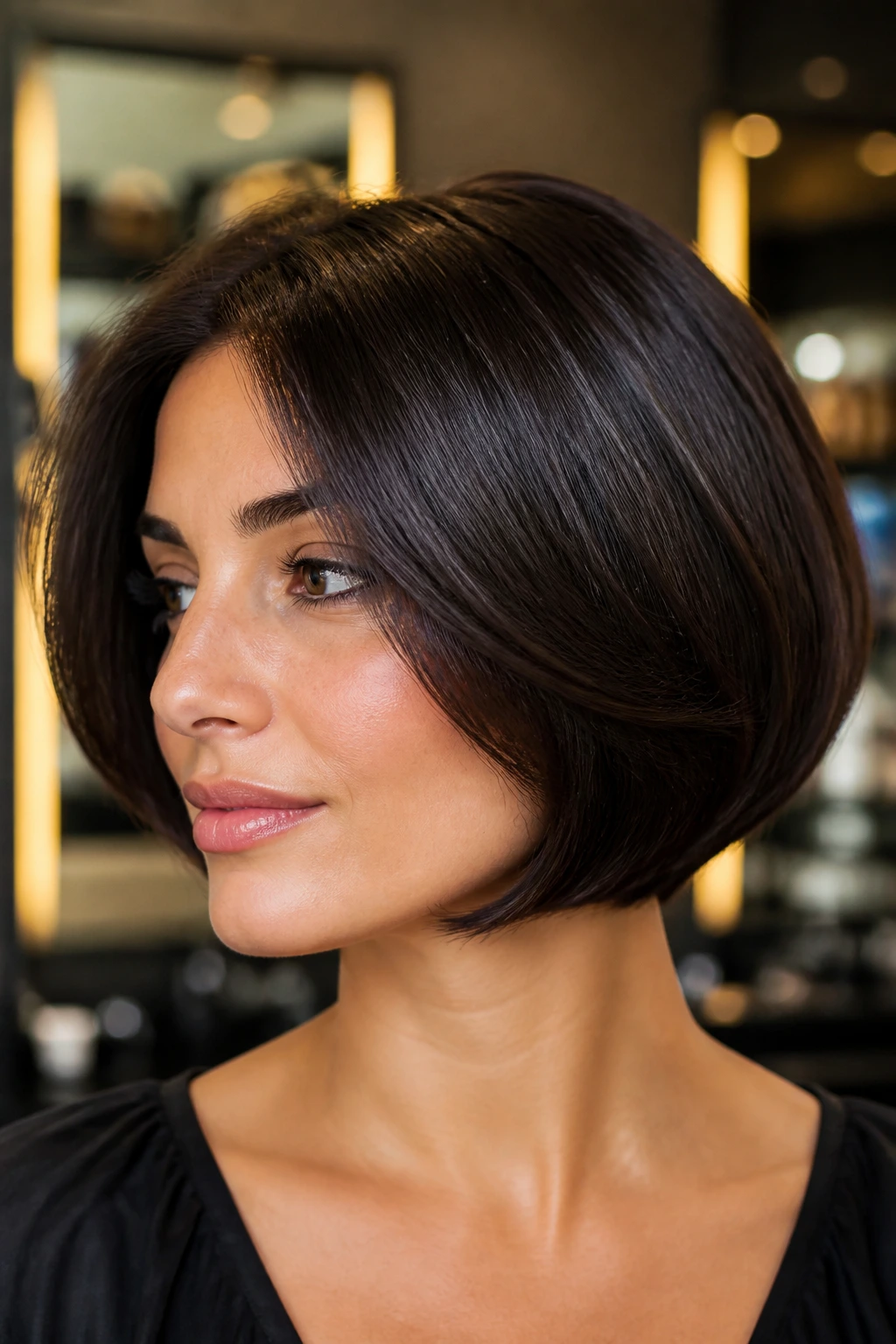 Real woman with Italian bob showing interior layers