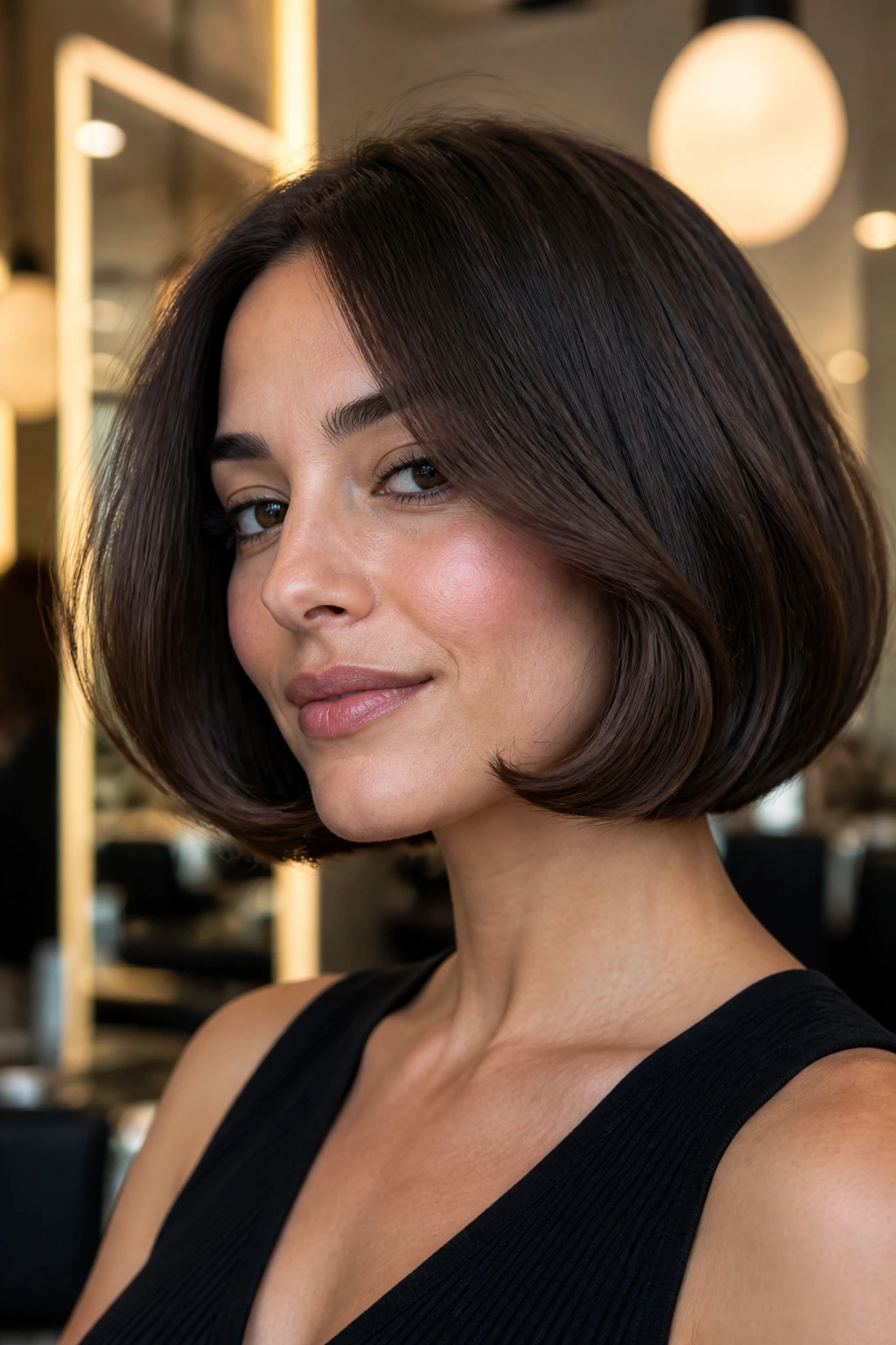 Portrait of a real woman with an Italian bob and plush bend