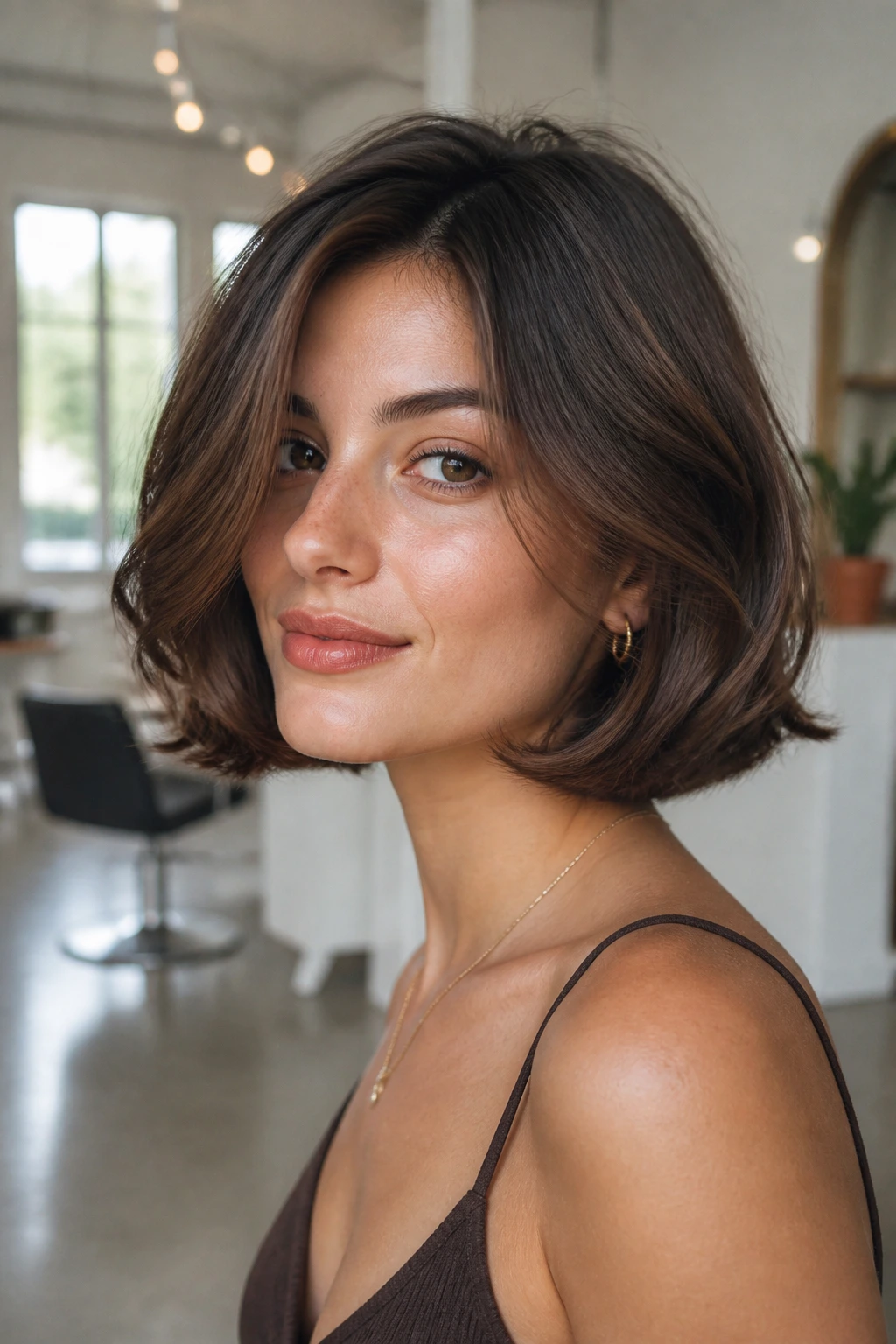 Portrait of a woman with plush Italian bob and full ends in a bright salon