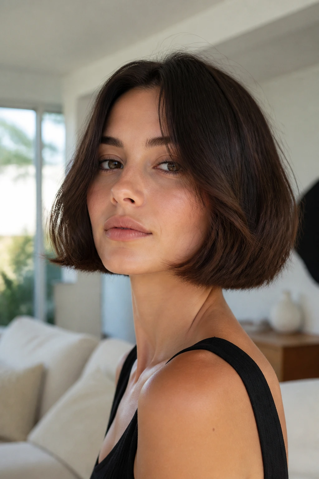 Real woman with jaw-length Italian bob in bright living room