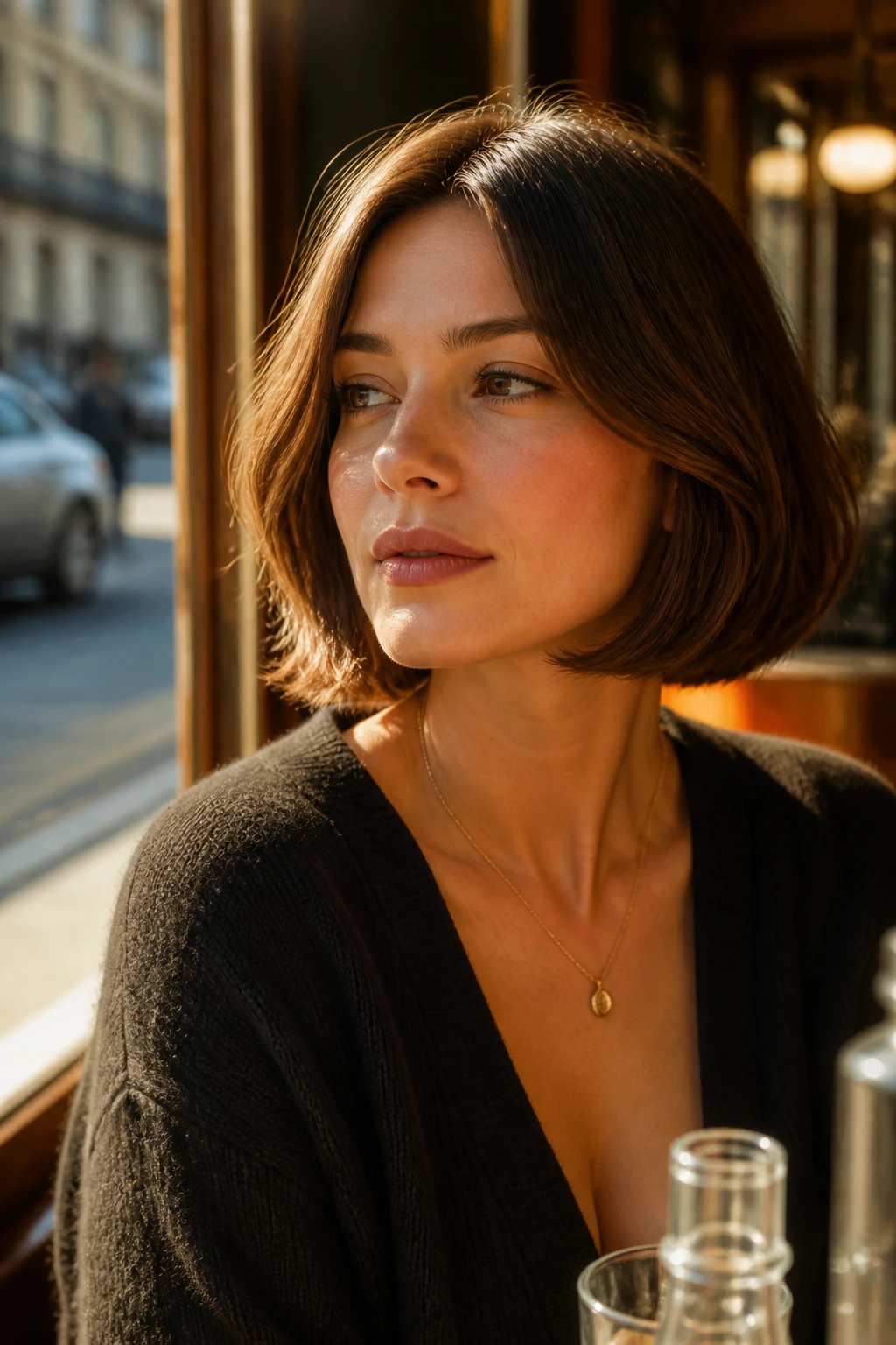 Close-up portrait of a real woman with an Italian bob and rounded volume in natural light