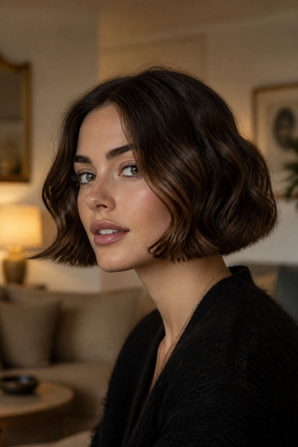 Close-up portrait of a real woman with Italian bob showing strong bottom line and chin-length waves