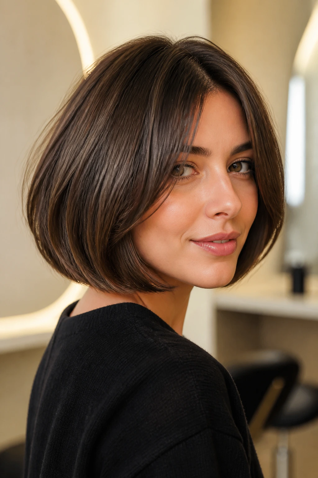 Close-up of a real woman with an Italian Bob featuring a rounded volume for fine hair