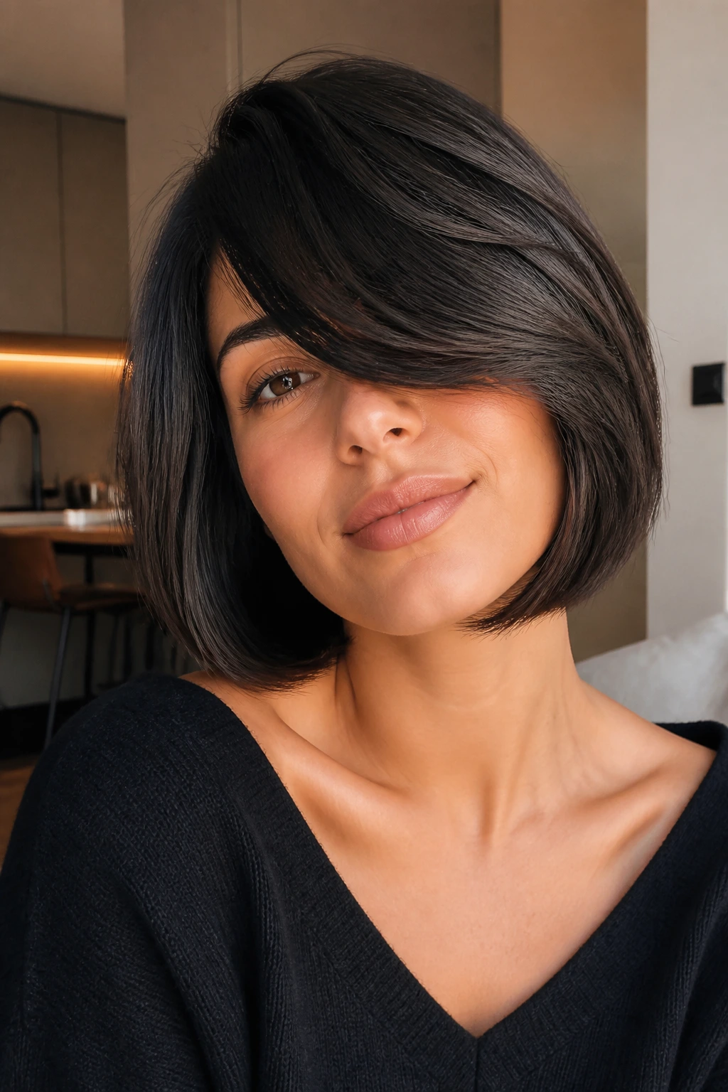 Close-up of a woman with an Italian bob and heavy side-sweep fringe in warm indoor light