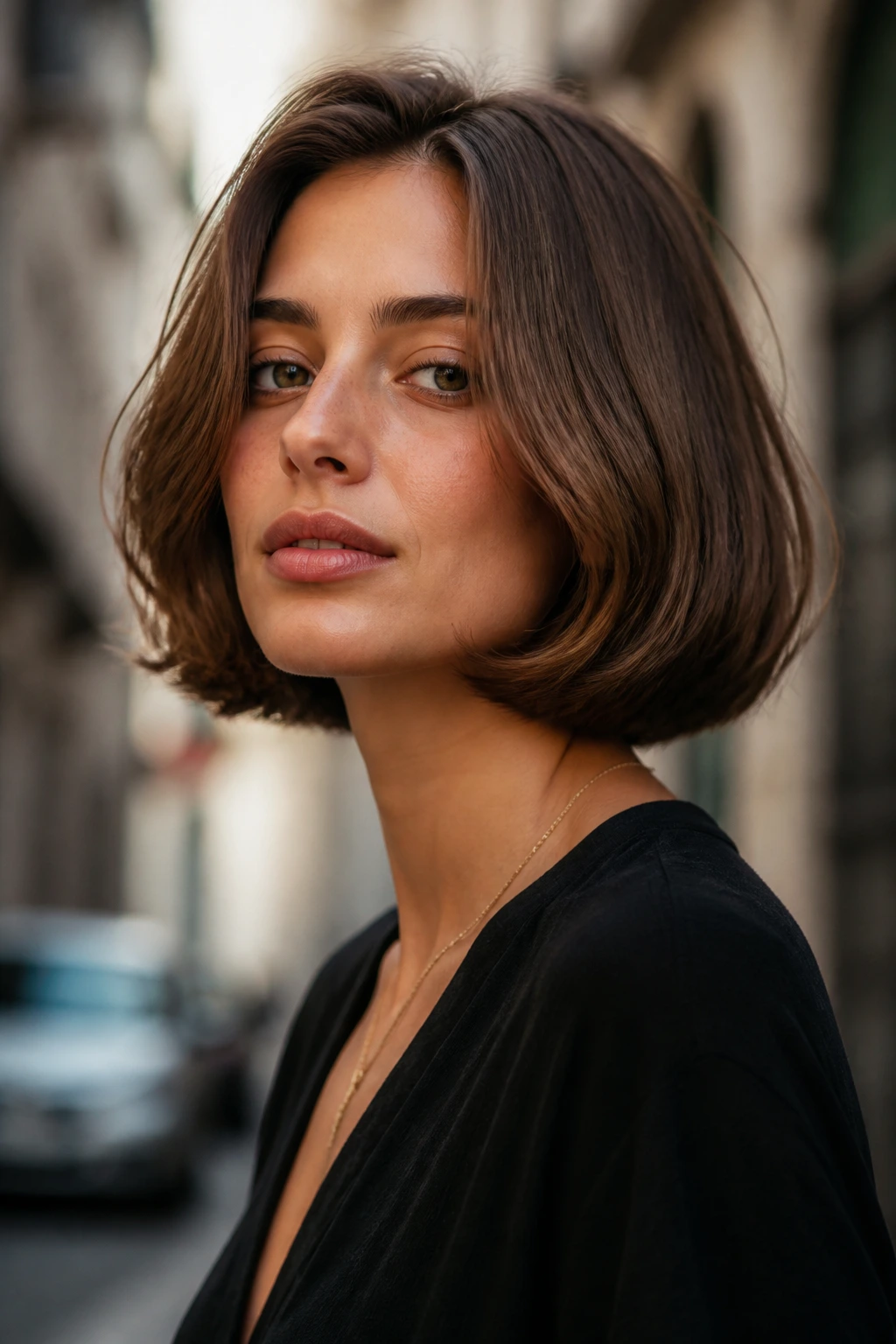 Portrait of a real woman with Italian bob and soft bend through mid-lengths