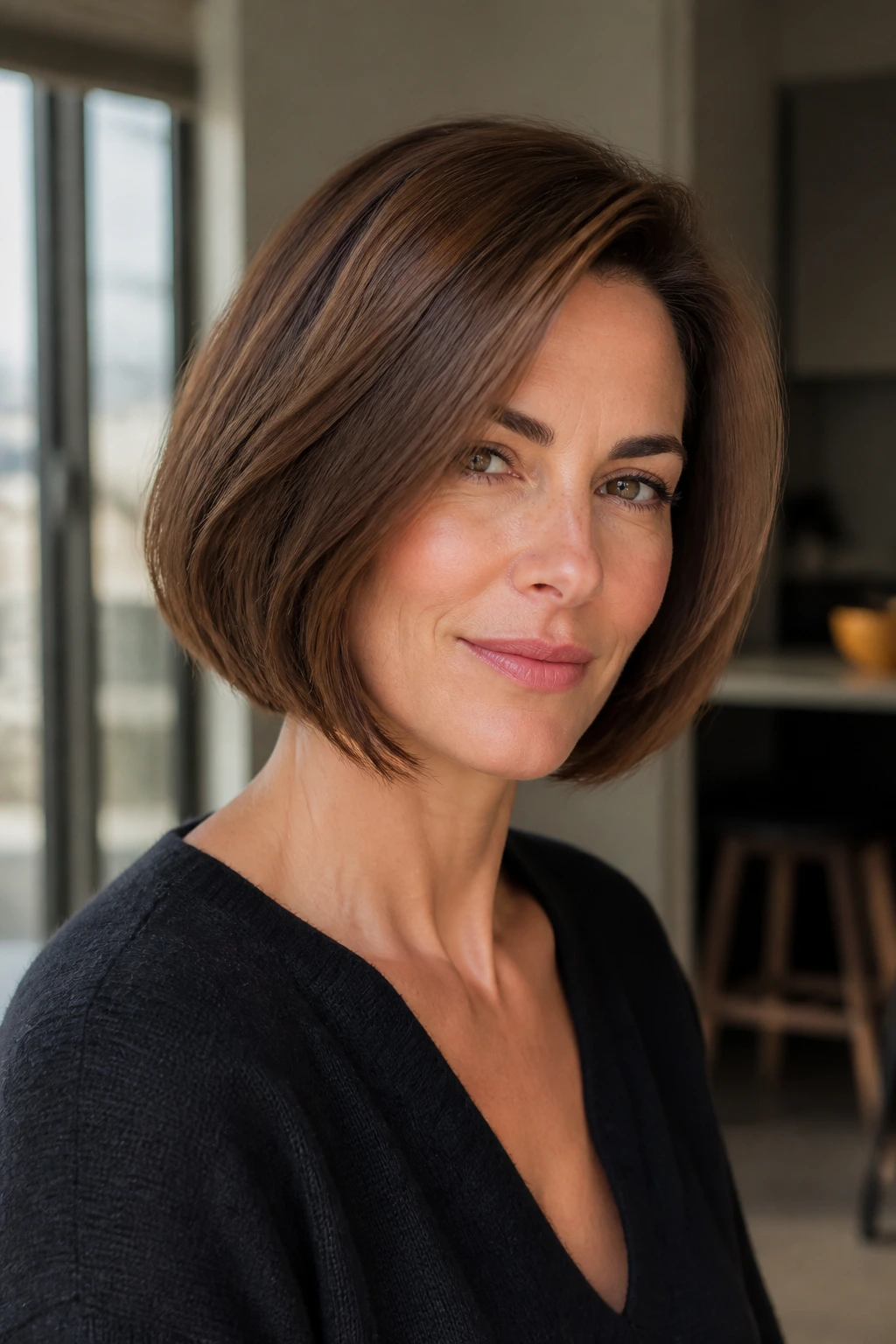 Medium-close portrait of a real woman with Italian bob and soft volume