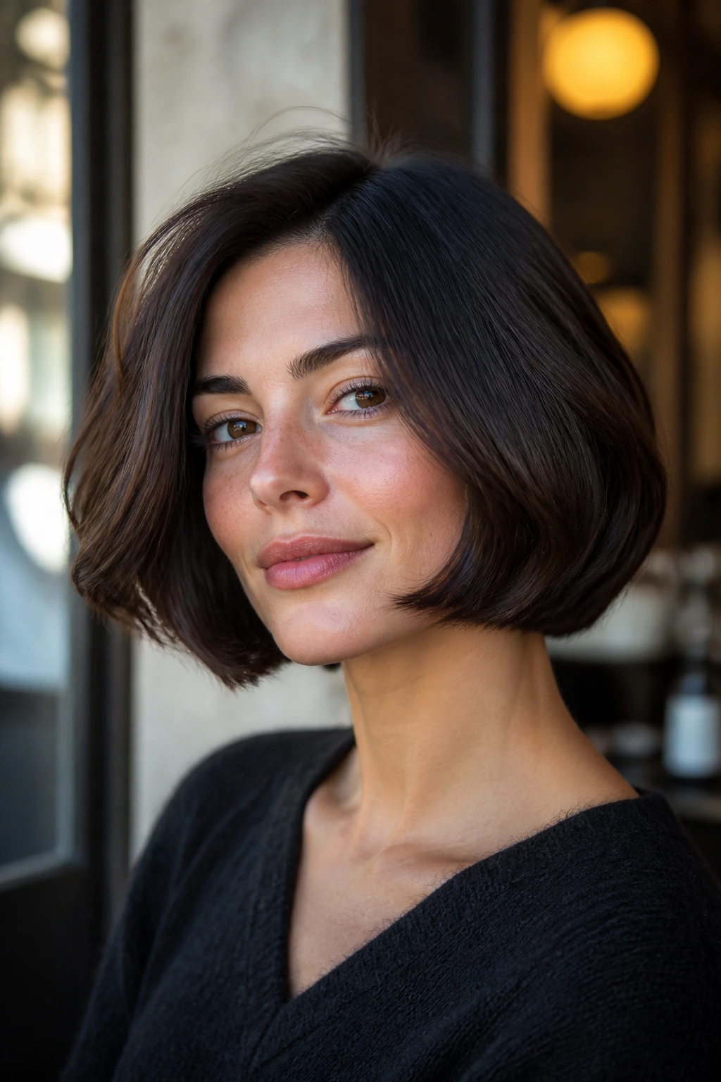 Portrait of a real woman with a fuller, swingy Italian bob at jaw-length with movement.