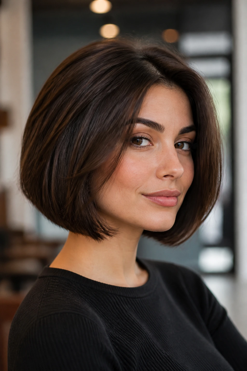 Portrait of a real woman with a polished Italian bob that looks full and sculpted.