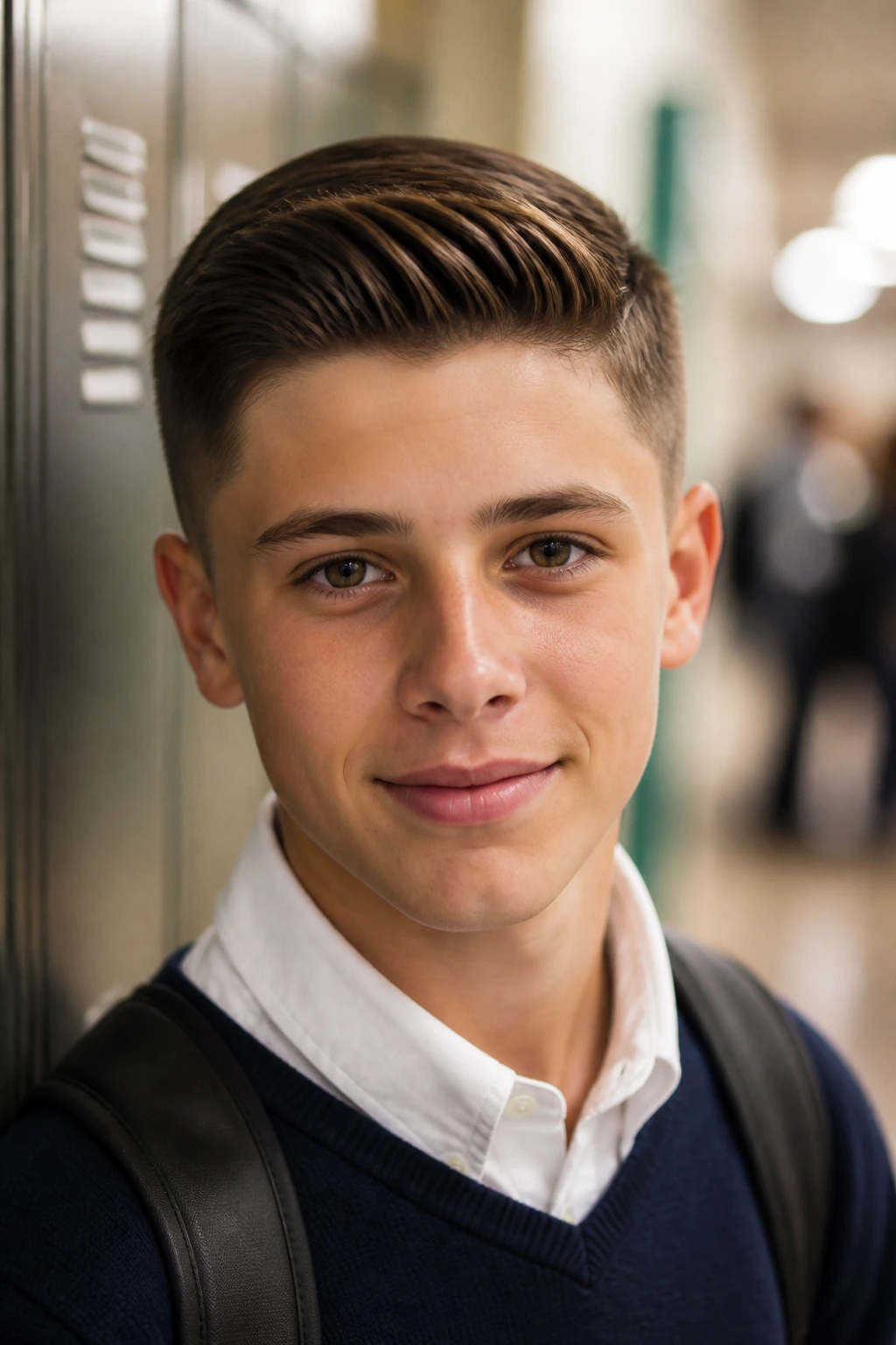 Close-up of a real boy with an Ivy League crew cut sporting a side part