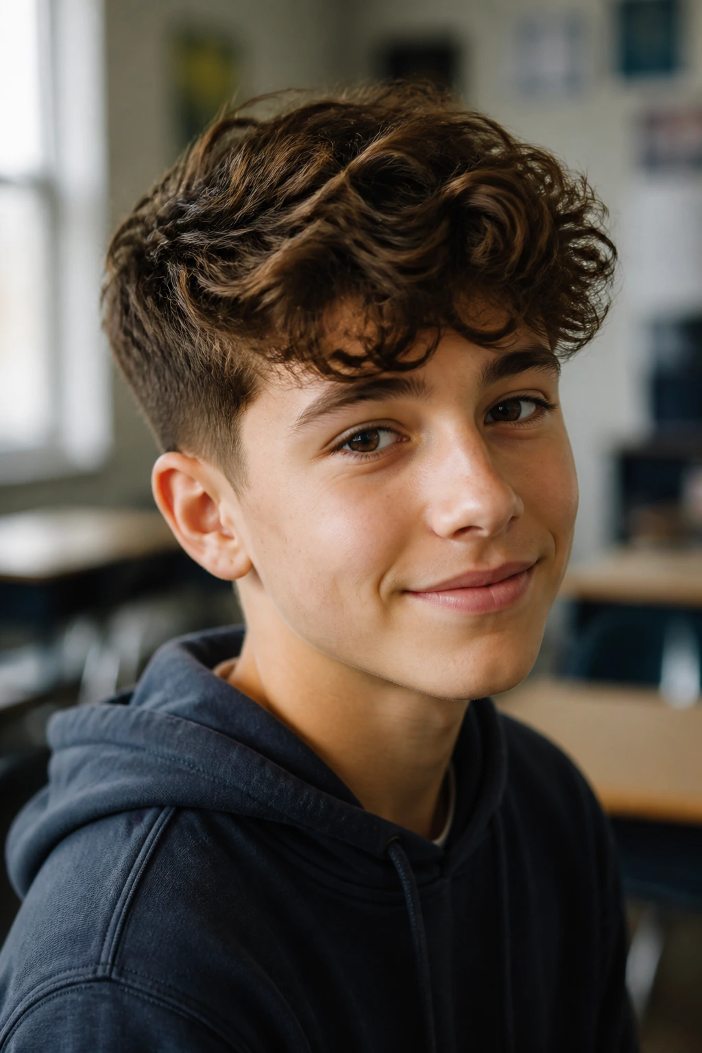Close-up portrait of a real boy with an Ivy League curled sweep hairstyle