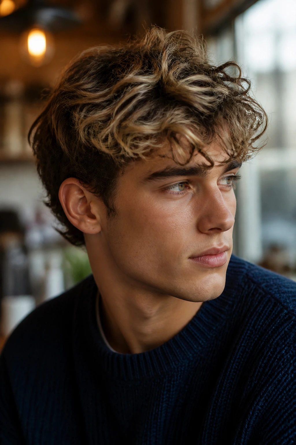 Portrait of a man with tousled Ivy League curls and ash blonde tips in a cafe setting