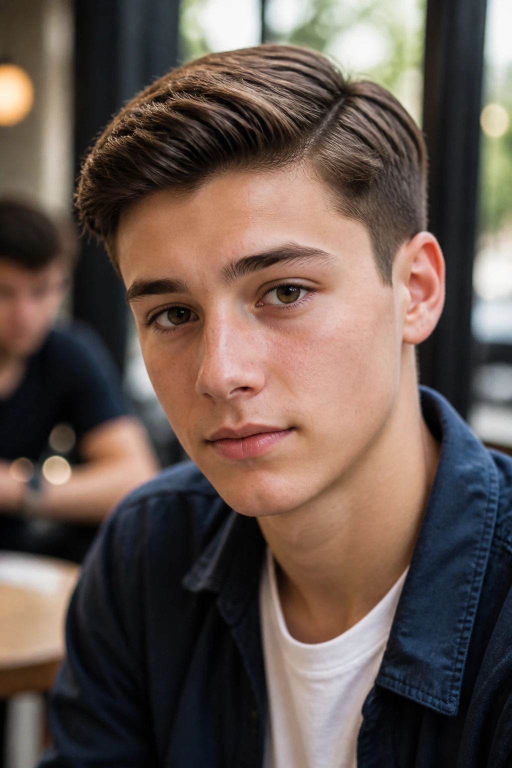 Boy with Ivy League haircut and side part.