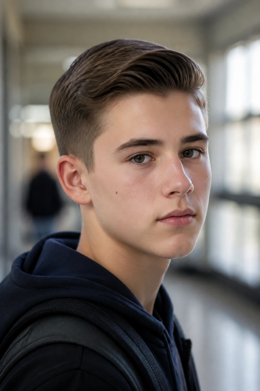 Close-up portrait of a boy with an Ivy League haircut in a school setting
