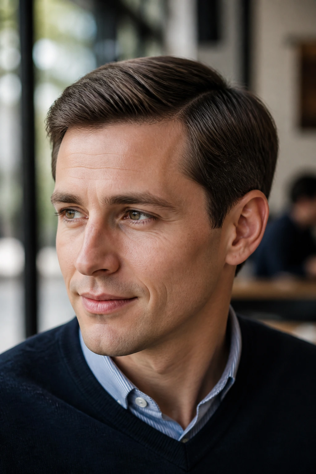 Man with Ivy League haircut and gentle side part in daylight setting
