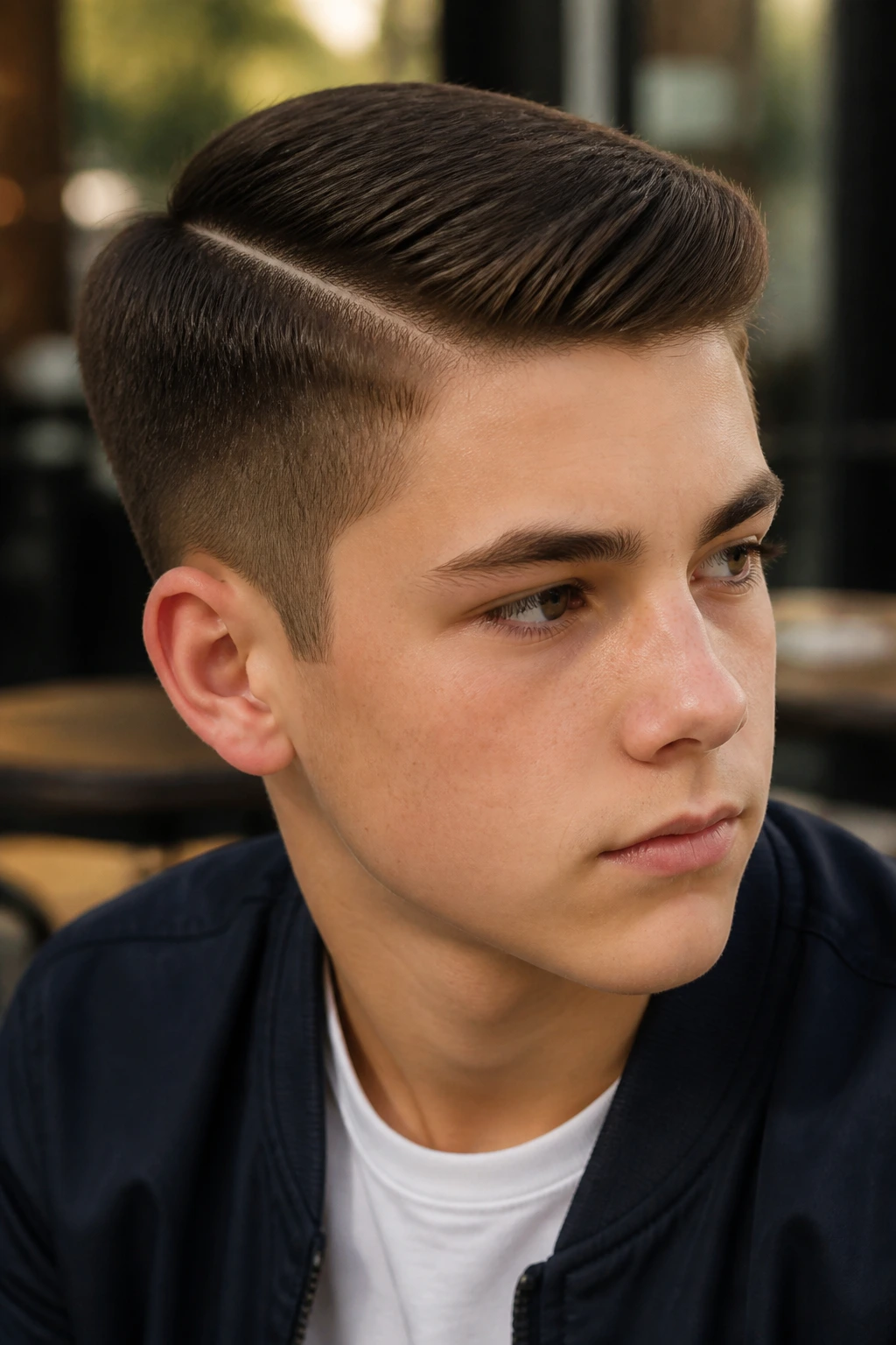 Portrait of a boy with Ivy League haircut and a subtle hard part outdoors