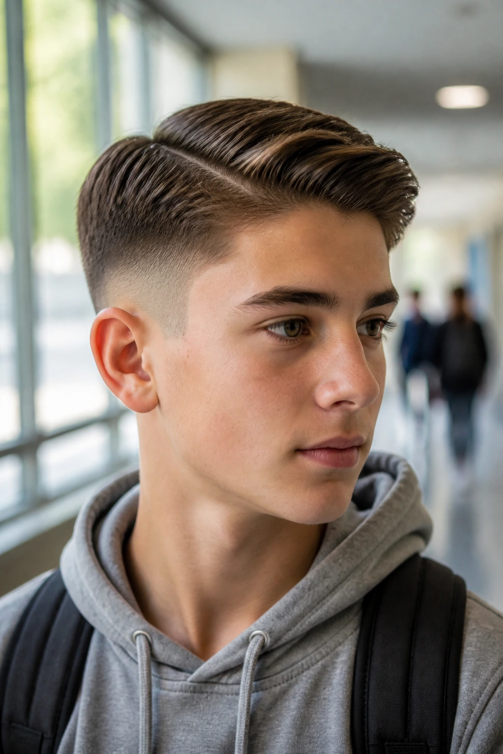 Close-up of teen with Ivy League low fade in school hallway lighting