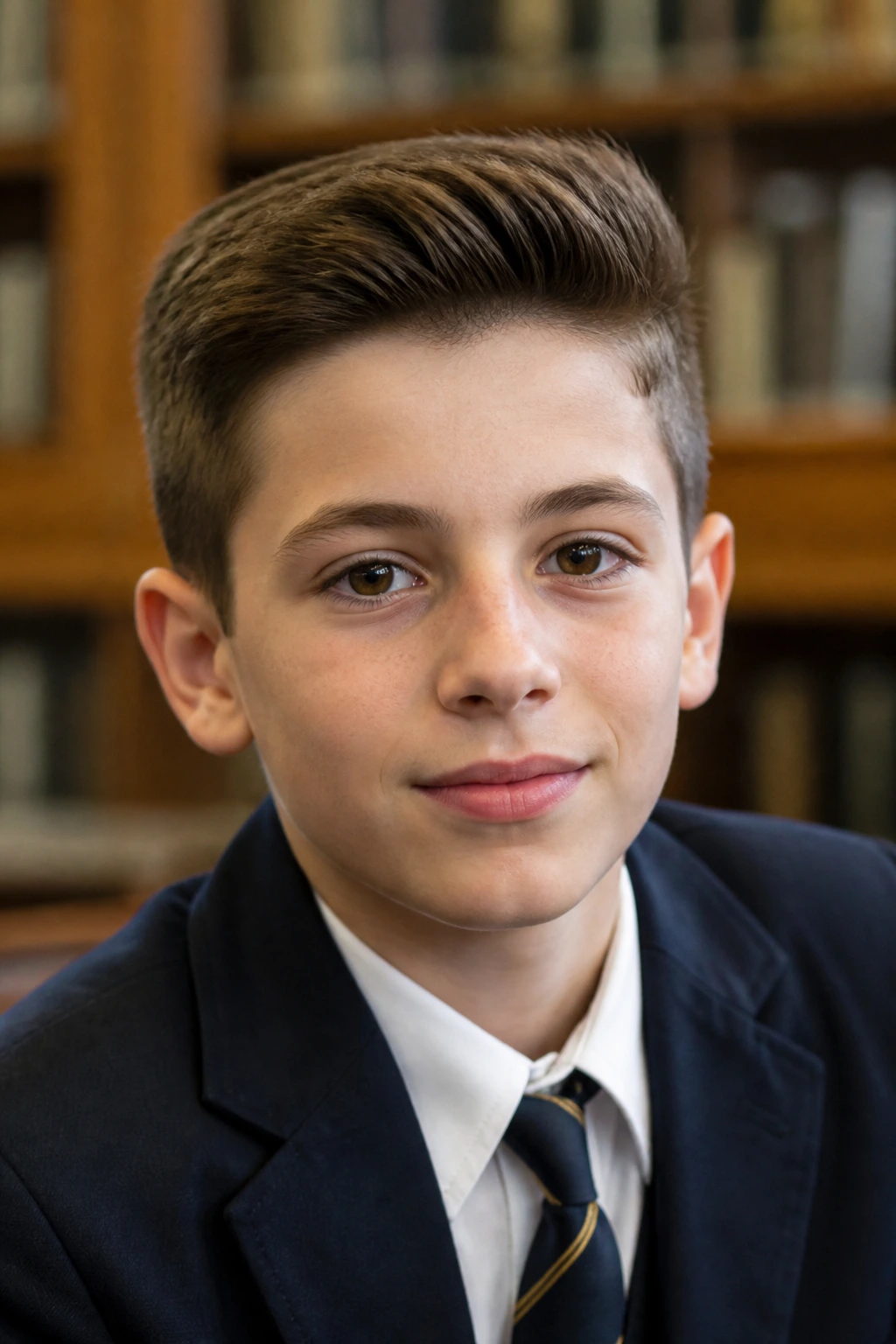 Boy with ivy league quiff in a library-like classroom setting