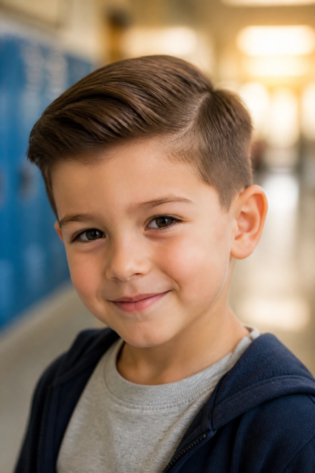 Close-up of a five-year-old boy with Ivy League soft-part haircut in a school hallway