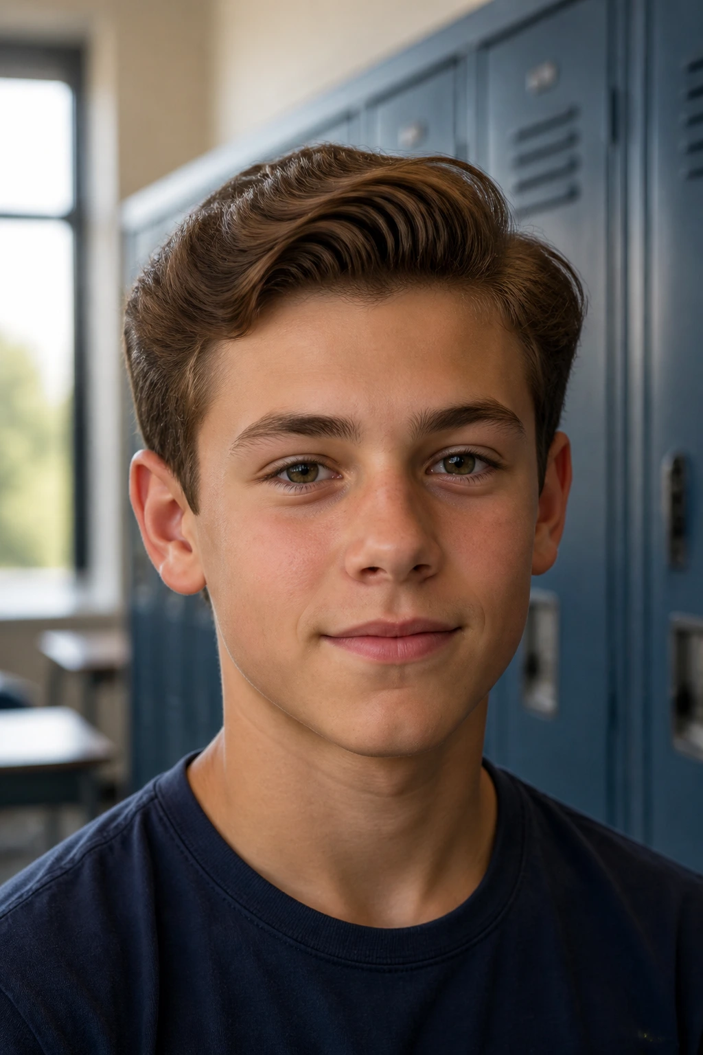 Boy with Ivy League sweep hairstyle