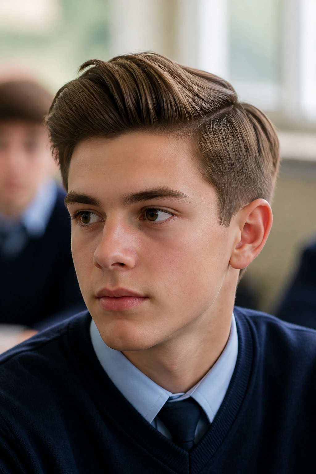 Close-up of a real boy with the Ivy League swoop in a classroom setting