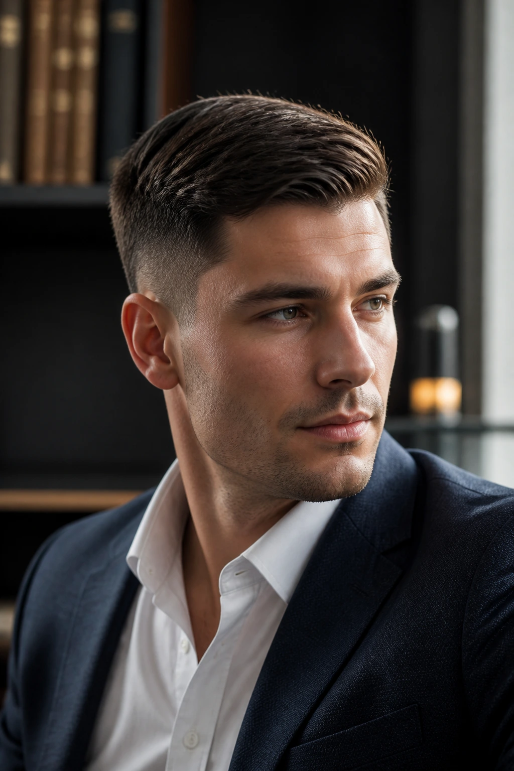 Portrait of a man with Ivy League taper fade and side-swept top