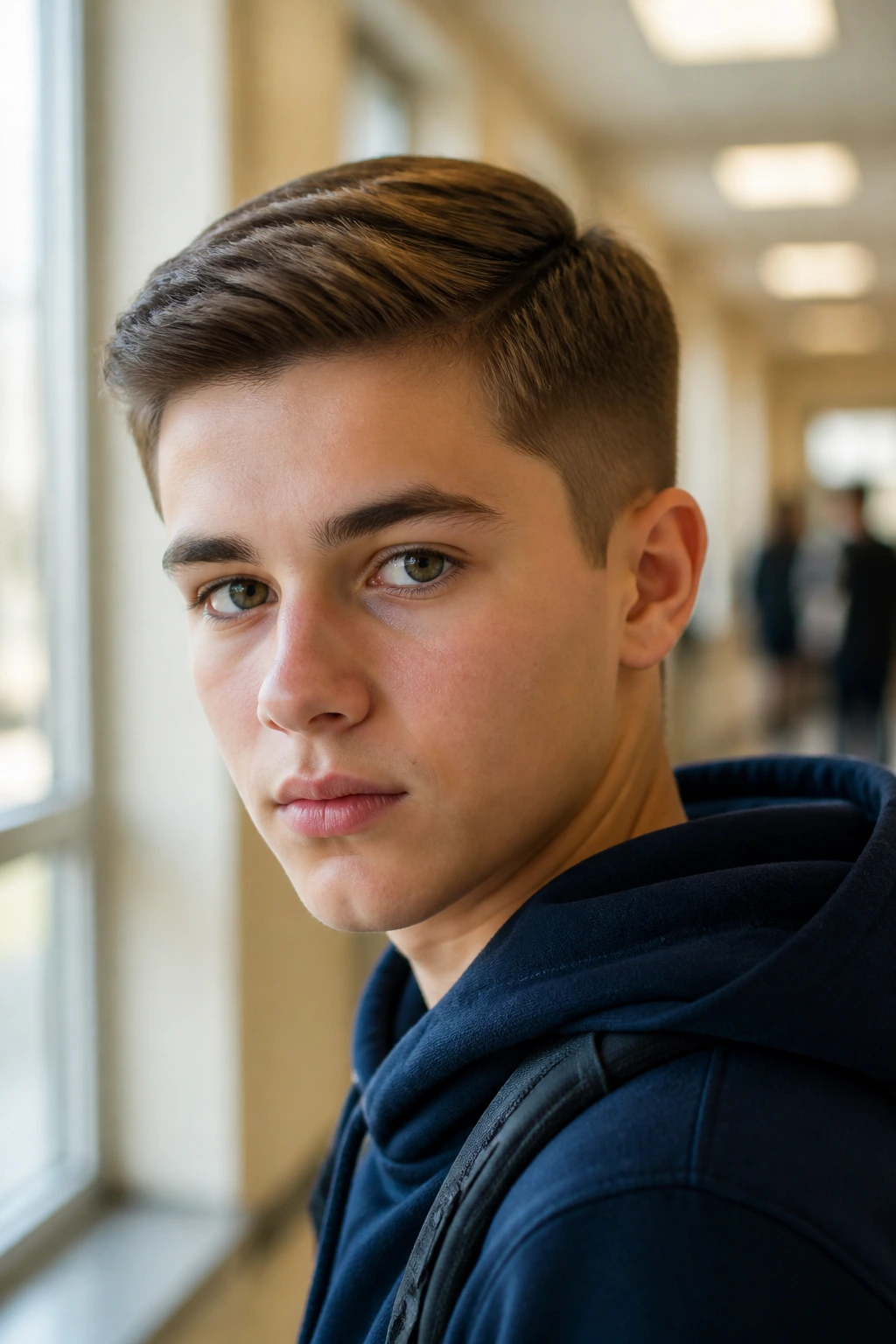 Close-up portrait of a real boy with Ivy League Taper in a school hallway.